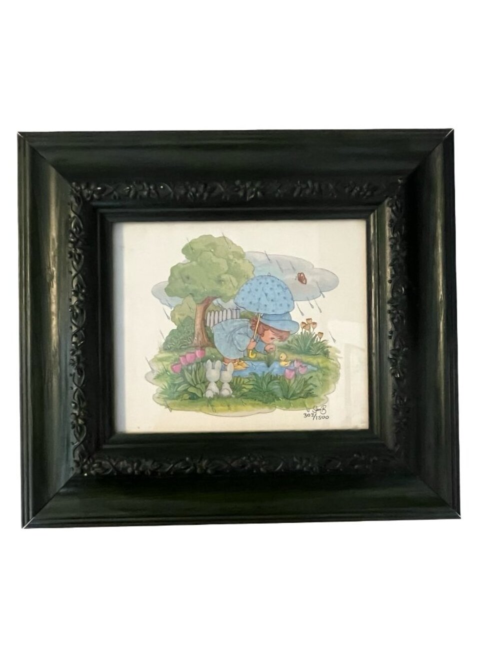 Vintage Framed Nursery Wall Art Child with Ducklings Rain Scene Limited Print Sa